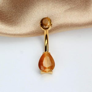 14G Titanium Belly Ring – Internally Threaded Teardrop Gold Navel Piercing Natural Tiger's Eye Gemstone – Body Jewelry Belly Button Ring