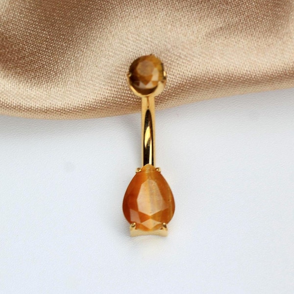 14G Titanium Belly Ring – Internally Threaded Teardrop Gold Navel Piercing Natural Tiger's Eye Gemstone – Body Jewelry Belly Button Ring