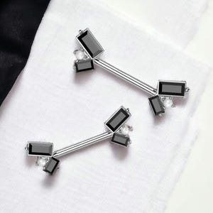 Black Baguette Nipple Piercing Ring,  14g Silver Nipple Barbell, Simple Pearl & Black Sparkly Gem Nipple Piercing Jewelry, Body Jewelry