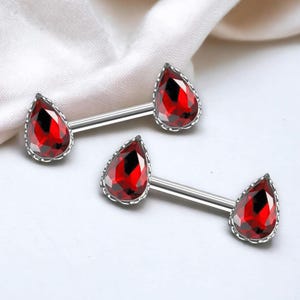 Pair of Red Teardrop Nipple Barbell, 14g Multicolor Shade Red Cz Gemstone Pear Shaped Nipple Piercing Jewelry