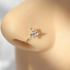 14K Gold Butterfly with Gem Nose Hoop Ring, 20G Dainty Gem Decor Bendable Butterfly Nose Piercing Hoop Ring, Solid Gold Nose Piercing