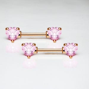 14G Rose Gold Pink Heart Nipple Barbell, Pair of Simple Pink Stone Sparkly Gem Nipple Piercing, Nipple Rings, Custom Body Jewelry