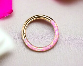 Pink Opal Septum. 16G Dainty Hinged Pink Opal Septum Piercing Jewelry, Unique Body Piercing Jewelry. Segment Hoop