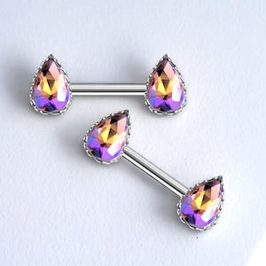 Pair of Purple Teardrop Nipple Barbell, 14G Multicolor Shade Sparkly Gemstone Pear Shaped Simple Nipple Piercing Jewelry, Nipple RIngs