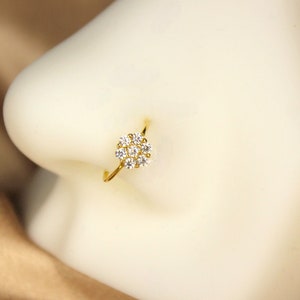 20G Gold Flower Top Clear Gems Bendable Nose Hoop. Cartilage Hoop. Nose Ring. Nose Piercing
