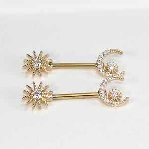 Gold Sun and Crescent Moon Nipple Barbells, 14g Sparkly Sun and Moon Gem Nipple Piercing Jewelry, Custom Body Jewelry, Nipple Rings