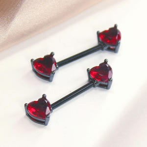 14G Red Heart Nipple Rings, Pair of Black Barbell Nipple Piercing Set, Custom Sizes Barbell, Red Stone Gem Decor Body Jewelry, Goth Piercing
