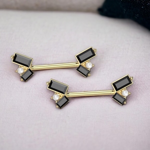 Black Baguette Nipple Piercing Ring,  14g Gold Nipple Barbell, Simple Pearl & Black Sparkly Gem Nipple Piercing Jewelry, Custom Body Jewelry