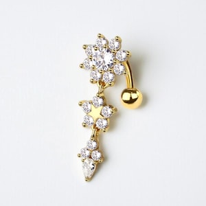 14G Floral Reverse Belly Ring, CZ Flower Reverse Top Down Navel Piercing Jewelry, Dangle Belly Button Ring