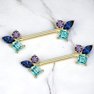 Colorful Sparkly Gem Nipple Piercing Ring,  14g Gold Nipple Barbell, Simple Multicolor CZ Nipple Piercing Jewelry, Custom Body Jewelry