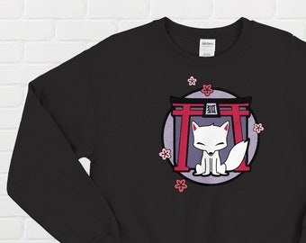 Japan Shrine Fox Crewneck Sweatshirt - Cute Fox Sweater - Kawaii Kitsune Shirt - Japanese Shinto Jinja Torii Gate