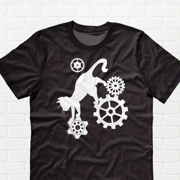 Schwarzes Katzen Steampunk Zahnrad T-Shirt für Männer oder Frauen - Cooles Katzenliebhaber Shirt mit Steampunk Kätzchen - klein, mittelgroß & in Übergrößen