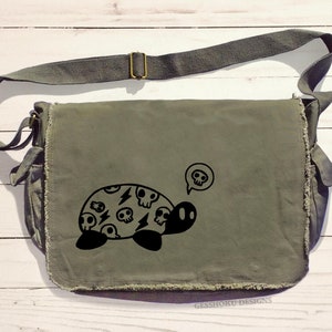 Turtle Messenger Bag - Punk Goth Turtle with Skulls - Kawaii Creepy Cute School Bag, Shoulder Bag