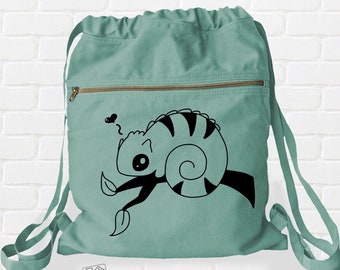 Chameleon Backpack - Kawaii Canvas Drawstring Cinch Sack - Cute Woodland Animal Forestcore Cottagecore