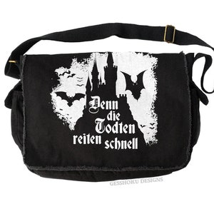Dracula's Castle Gothic Messenger Bag - Black Canvas Goth Shoulder Bag, Crossbody Bag - Bats Vampire Bag