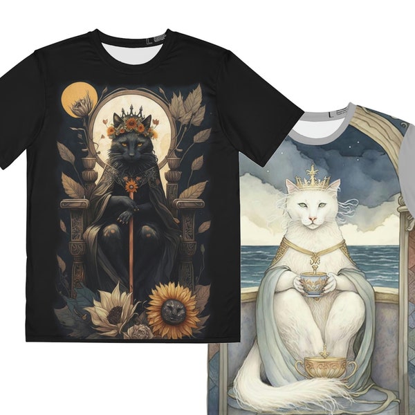 Tarot Cats T-shirts - Fantasy Cat Queen Beautiful Art Shirt - Black Cat or White Cat - High Fantasy Full-Print Shirt, Mens or Womens