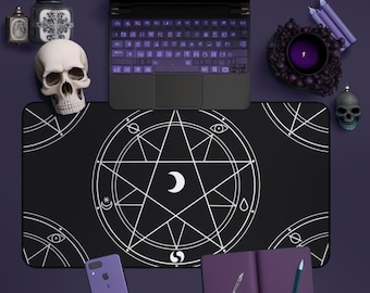 Magic Circle Gothic Desk Mat | Black Pentagram Ritual Goth Witch Deskmat, Large Mouse Pad