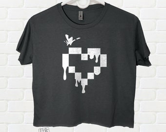 Pixel Heart Crop Shirt with Scene Emo Goth Dripping Video Game Heart - Womens Small to Plus Size Cropped T-shirt Top