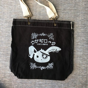 Gothic Bunny Black Tote Bag - Distressed Canvas Shoulder Bag - Elegant Punk Pirate Visual Kei Nu Goth