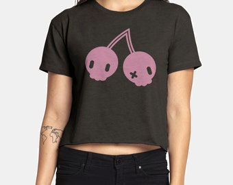 Cherries Crop Shirt - Fruit Skulls Cropped Top - Cute Kawaii Pastel Scene Emo Clothing - Pastel Goth