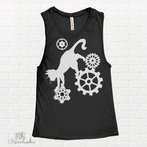 Cat & Gears Tank Top - Steampunk witchy clothing - Gothic Black Cat Shirt - Womens Yoga Top - Mechanical illustration silhouette art