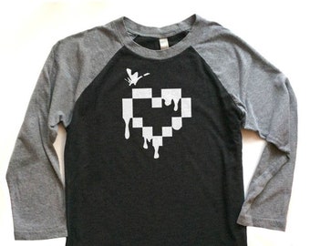 Pixel Heart Kawaii Goth Shirt Long Sleeve - cyber goth clothing - creepy cute - video game heart - kawaii heart two-color t-shirt