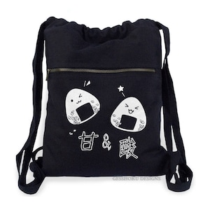 Onigiri Backpack kawaii rice balls bag cute Japanese school bag canvas cinch backpack kawaii bento lunch tote Black