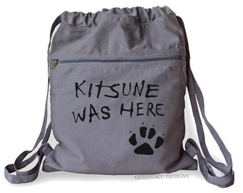 Kitsune was Here Backpack - Fox Furry Backpack - Forest Creatures, Paw Print - Cotton Canvas Drawstring Sack