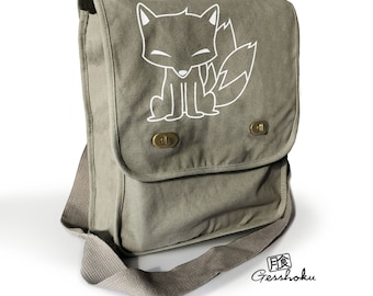 Kitsune Fox Messenger Field Bag Japanese smiling fox purse Kawaii animal tablet bag - medium size festival bag