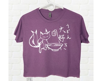 Kitsune Cropped T-shirt - Cute Fox Crop Top Womens - Japanese youkai with udon noodles art print