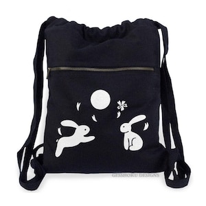 Bunny Backpack Kawaii Asian Moon Bunnies bag rabbit under a full moon design Kawaii backpack with drawstring cinch closure