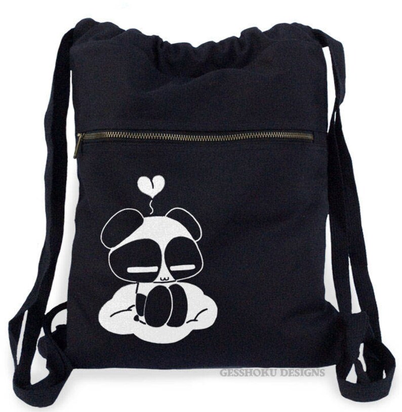 Kawaii Panda Backpack cute fabric drawstring bag panda bear mini backpack bookbag harajuku anime decora Black