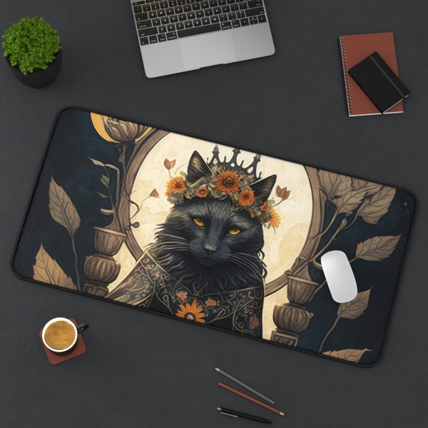 Queen of Wands Desk Mat - Black Cat Fantasy Illustration - Beautiful Dark Fairy Tale Deskmat, Mouse Pad
