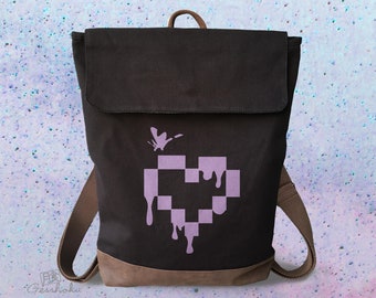 Pixel Heart Backpack - Punk Pastel Goth School Bag, Rucksack - Emo Scene Drippy Retro Video Game Zippered Pack