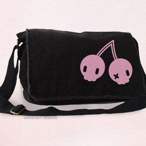 Cherry Skulls Messenger Bag Kawaii Pastel Goth Bag - Scene Emo Cherries - Laptop Bag, School Bag