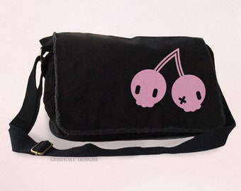 Cherry Skulls Messenger Bag Kawaii Pastel Goth Bag - Scene Emo Cherries - Laptop Bag, School Bag