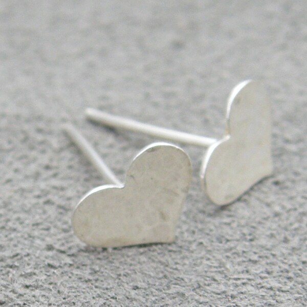 Heart Earrings - Sterling Silver Dainty Hammered Studs