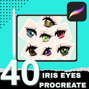 May include: 40 different iris eye designs for Procreate, shown on a digital tablet screen. The eyes are drawn in a variety of colors and styles.