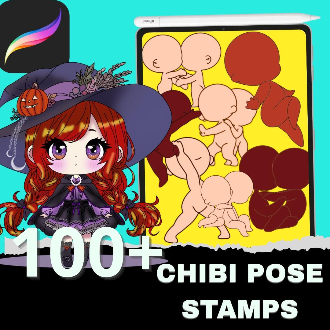 100+ Procreate Chibi Body Guide Stamps | Adorable Manga & Anime Poses ...