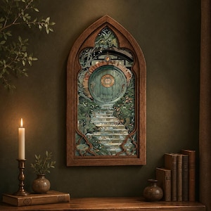 May include: A pointed arch wall art piece featuring a detailed illustration of a round green door at the top of a stone staircase, surrounded by lush greenery and vines, all encased within a dark brown wooden frame with decorative cutouts.