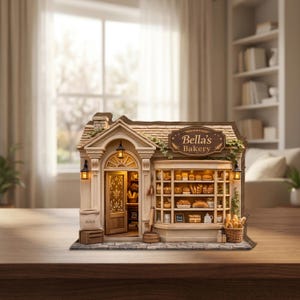 May include: A detailed miniature model of Bella's Bakery, featuring a shop front with a display of baked goods. The model includes a wooden door, a sign, and a small flour sack. The bakery is illuminated with warm lighting.