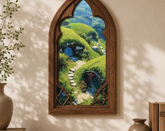 Sztuka ścienna inspirowana Shire, wydruk na płótnie z krajobrazem z drzwiami Hobbita, dekoracja w formie gotyckiej ramy łukowej, dekoracja ścienna w stylu fantasy cottagecore, przytulna sztuka z bajki