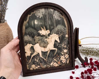 Fairy Riding Unicorn Arch Framed Art, Enchanted Fairycore Wall Decor, Whimsical Fantasy Woodland Artwork, Magical Cottagecore Home Decor