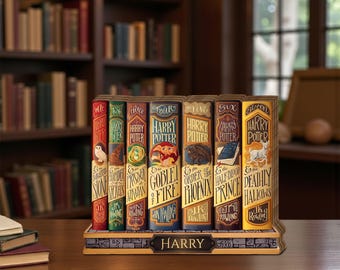 Wizard Book Series Wooden Block Decor, Fantasy Magic Library Display, Vintage Spell Books Art, Book Lover Gift