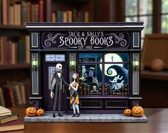 Jack and Sally Spooky Bookshop Halloween Wooden Block, Gothic Bookstore Shelf Decor, Nightmare Inspired Miniature Shop