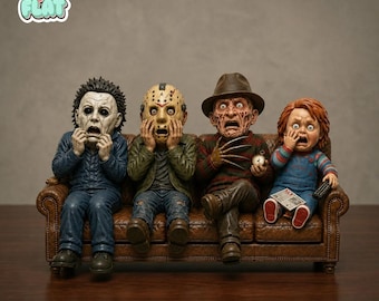 Drewniany klocek dekoracyjny z postaciami z horrorów, upiorny stojak na półkę z slasherami, prezent dla fanów horrorów na Halloween, ekspozycja kolekcjonerska z motywem gotyckiego horroru