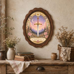May include: An oval wall art piece in a dark wood scalloped frame featuring a central sword illustration, a crescent moon, stars, mountains, and pink roses. The text reads: You do not fear. You do not falter. You do not yield. The art is set against a light wall.