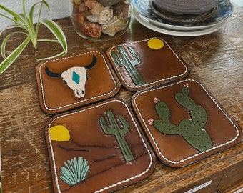 Leather Coasters - Desert Themed - Hand Tooled