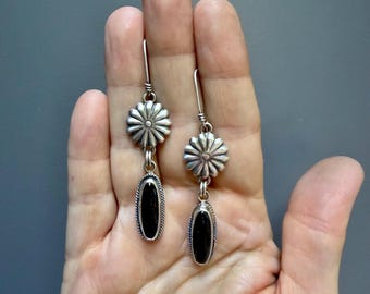 Sterling Silver Onyx Concho Dangle Earrings