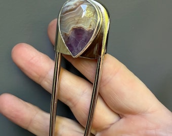 Sterling Silver & Stainless Steel Medium Amethyst Crazy Lace Agate Jumbo Safety Pin Keychain